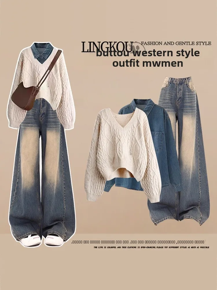 

Large Size Autumn Casual Knitted Sweater And Denim Jeans Tee-Piece Set Women's Faion Vintage Hole Design Base irt