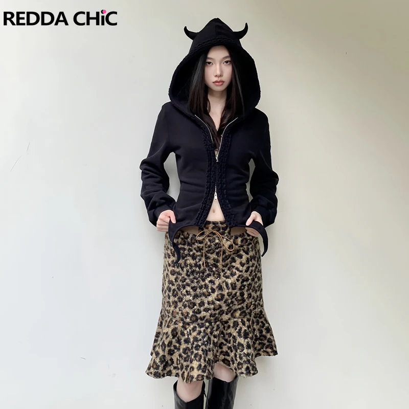 

REDDACHiC Devil's Horn на молнии с капюшоном и юбкой, укороченный комплект с капюшоном Jackert, мини-леопардовая юбка с рюшами, ретро-готическая женская осенняя одежда