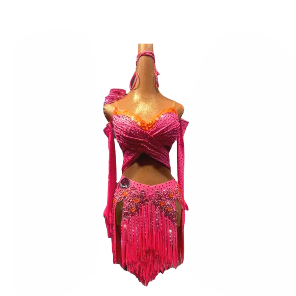 Latin Dance Adult Children's Dress AB Diamond High-End Custom Fluorescent Powder Tassel Skirt Tango Women's Clothing