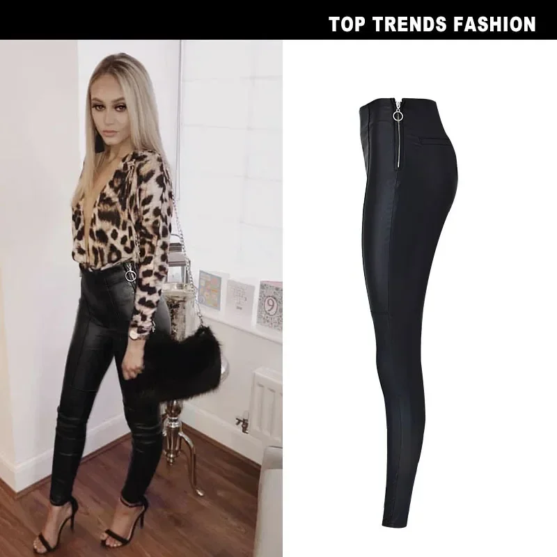 Women's Leather Pant Side Zipper High Waisted Slim Fit Elastic Coating PU Faux Leather Denim Leggings Motorcycle Pants for Women