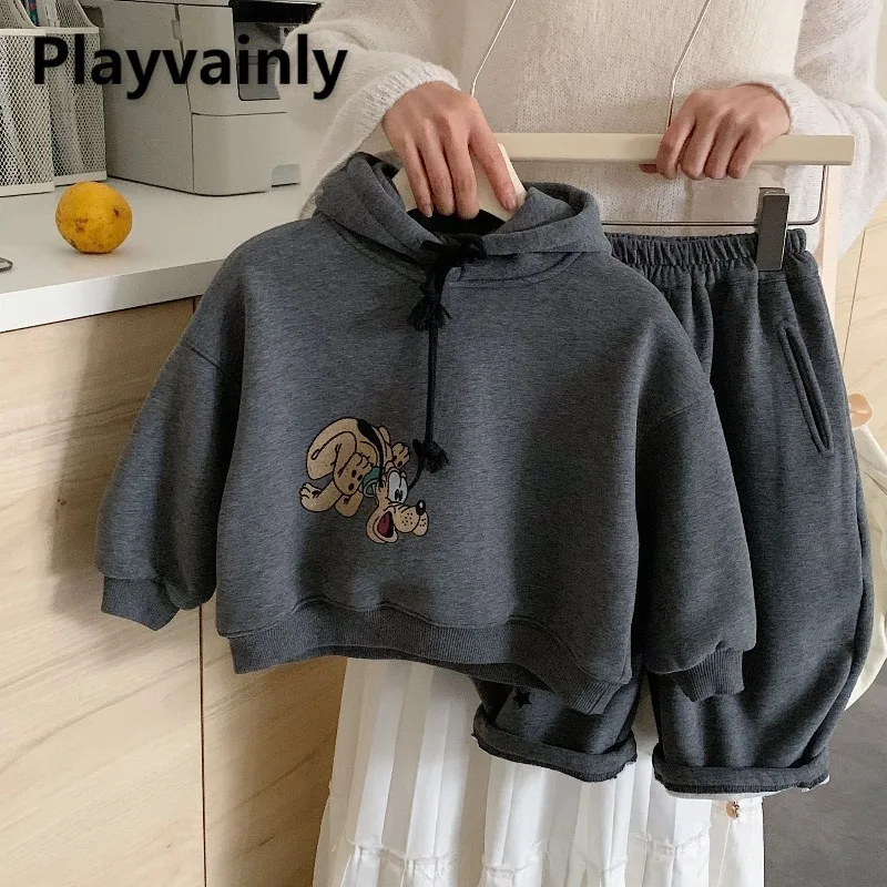 

2025 New Children Fleece Outfits Winter Boys Girls Grey Cartoon Hoode Sweatshirts+Casual Loose Sweatpants Kids 2-piece Set A5603