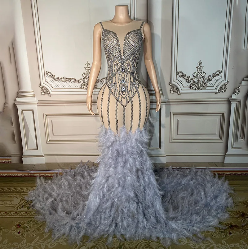 

Evening Sleeveless Crystal Rhinestone Long Dress Grey Feather Fishtail Wedding Evening Dress Bride Vestidos De Boda Para Fiestas