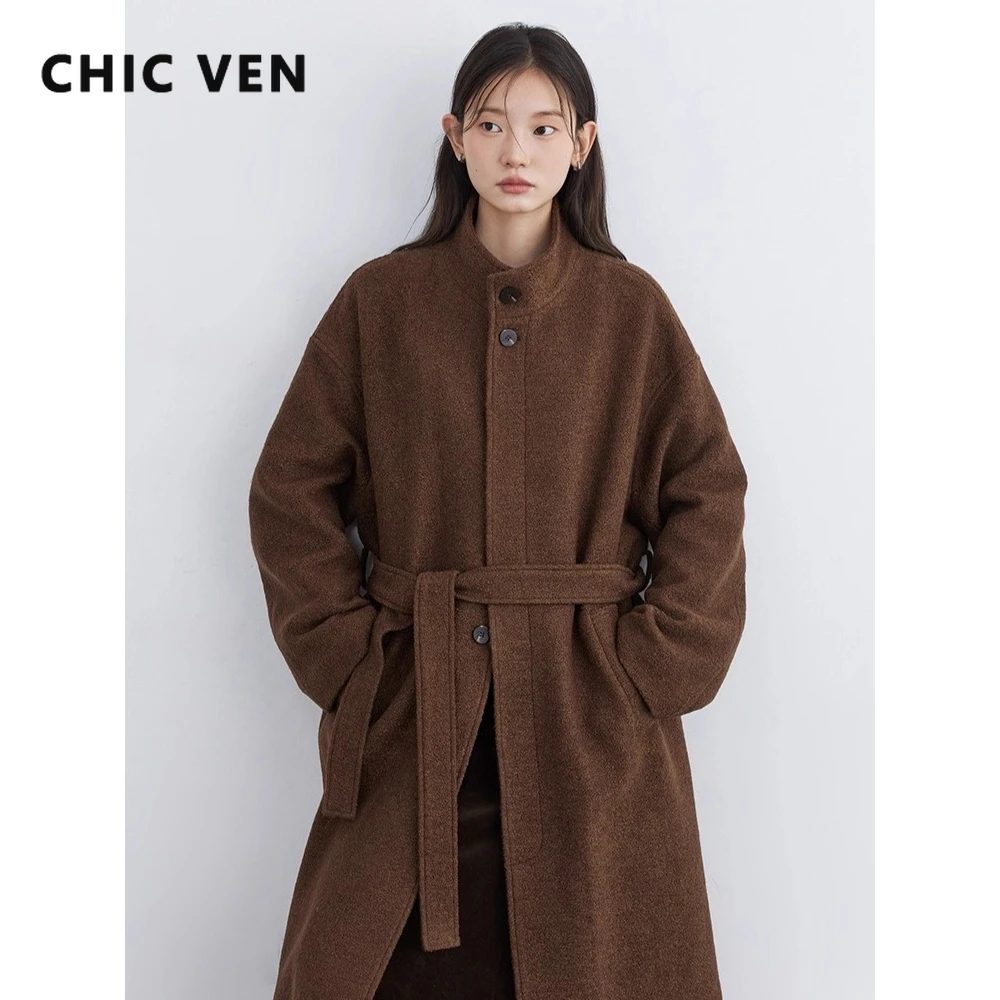 

CHIC VEN женское длинное шерстяное пальто однотонное свободное повседневное новое длинное пальто в стиле ретро с поясом женское пальто осень-зима 2025 одежда