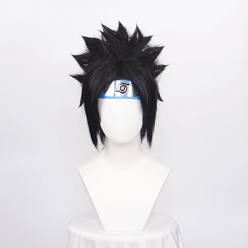 

ccutoo Synthetic Black Short Wigs Uchiha Sasuke Cosplay Wigs for Men Heat Resistance with Blue headwear + wig cap