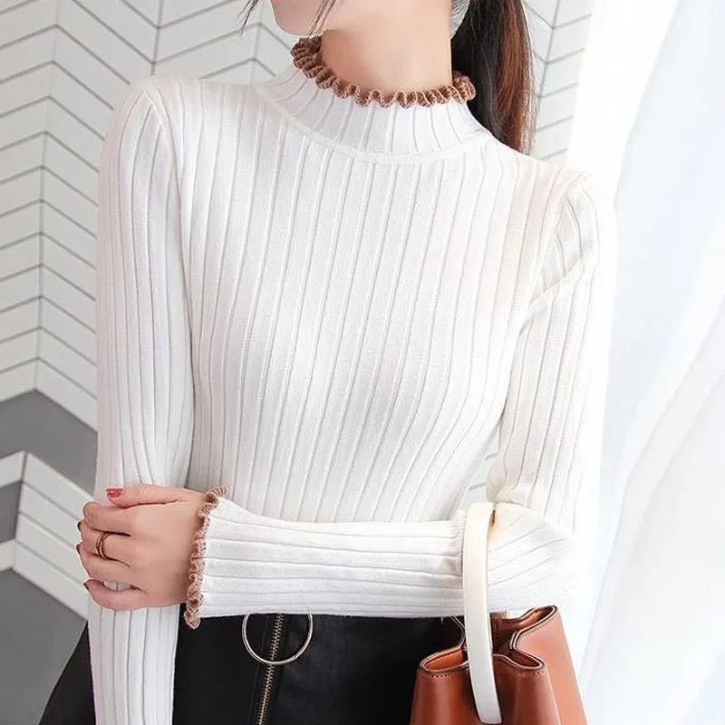 Suéter De punto para Mujer, jerséis nuevos De manga larga con cuello con volantes, suéter De punto, Tops para Mujer, suéteres, suéteres De Mujer Q1167