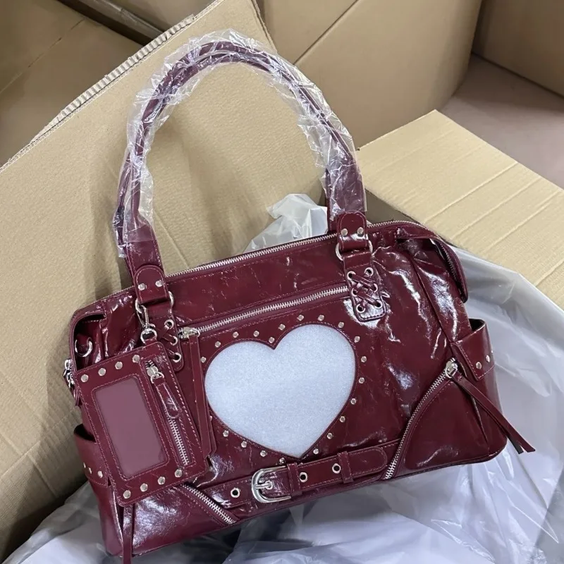 Motorcycle Bag Handheld Rivet Head Layered Oil Wax Cowhide Crossbody Women's Bag Cool And Spicy Girl Retro Style Tote Bag - view 5