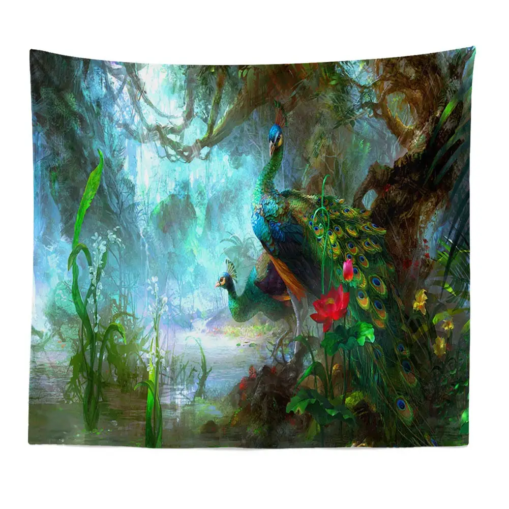 Green forest bird tapestry hanging peacock  white  couple  decoration bedroom living room wall art