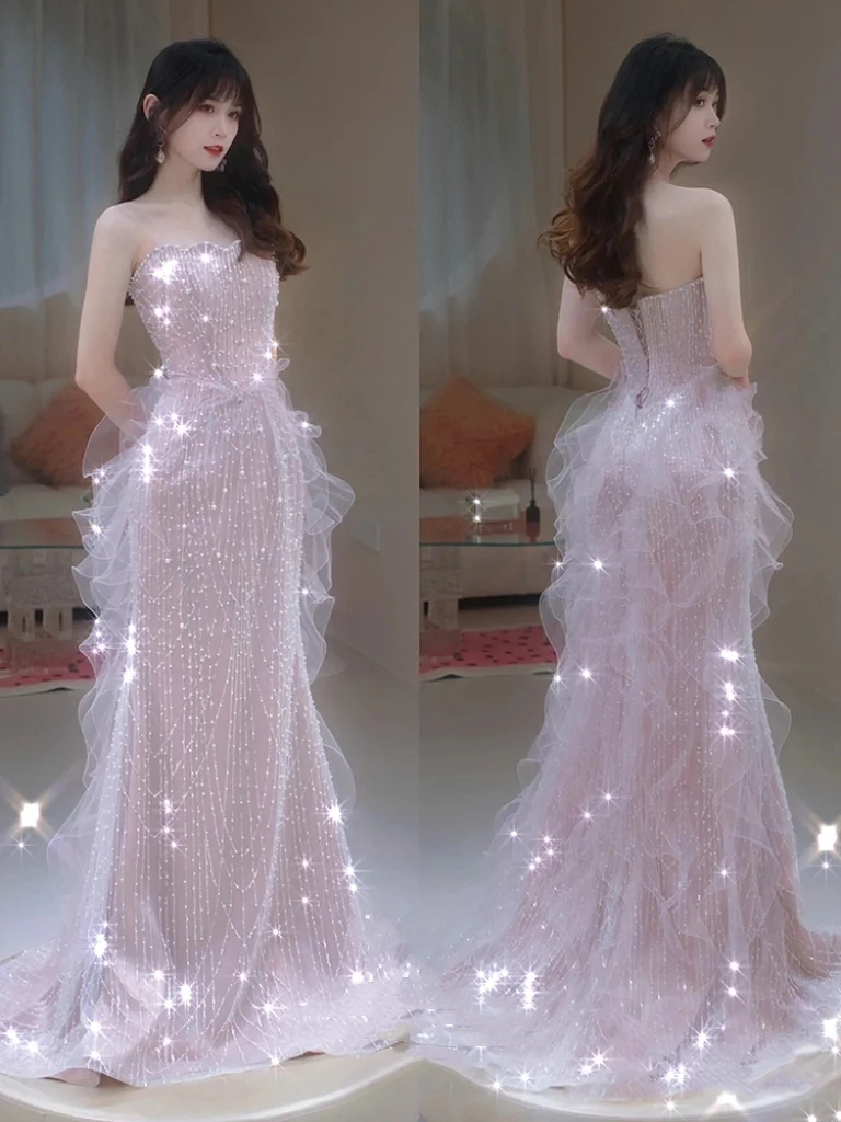 Pink Shiny Strapless Celebrity Dresses Bead Sleeveless Off Shoulder Tulle Elegant Light Luxury Mermaid Toast Prom Evening Gowns