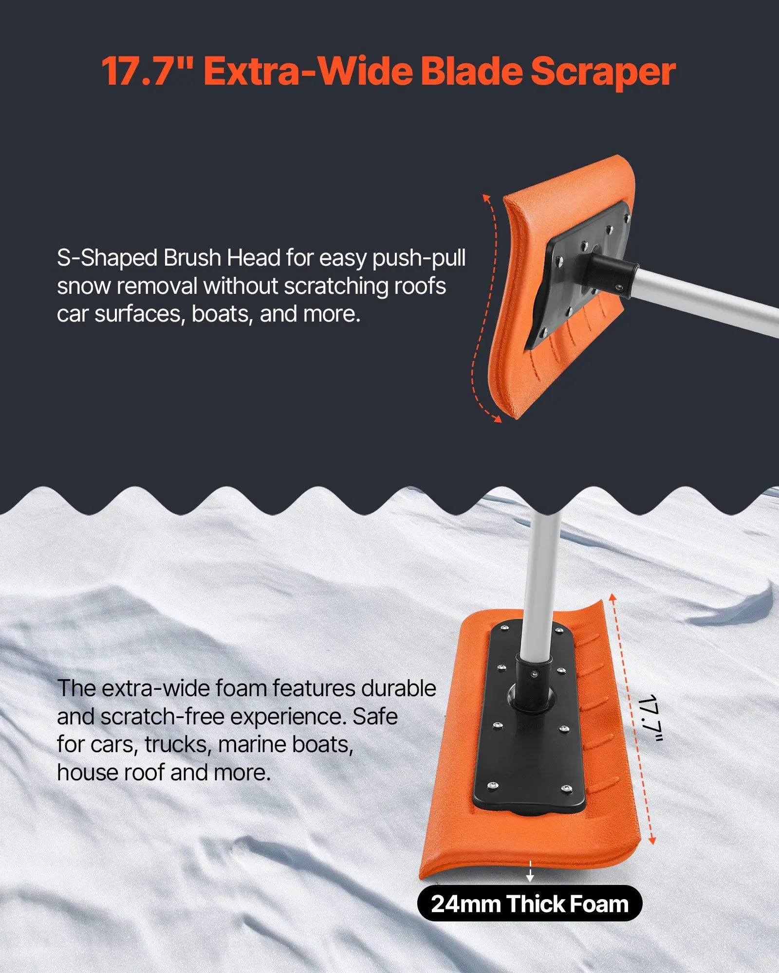 17.7in Foam Blade Roof Snow Rake 7.3-18.4ft Adjustable Aluminum Pole Lightweight Snow Removal Tool for House Roof Leaves