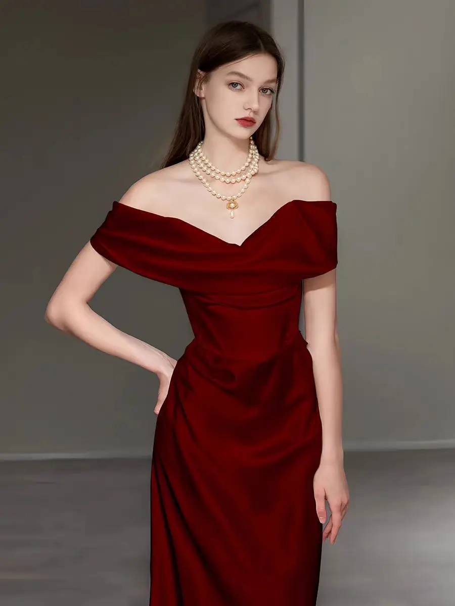 

Red Wine One-oulder Satin Wedding Dr for Bride Ele Long Evening Gown with Princ Sves Perfect for Wedding And O...