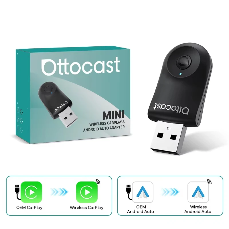 Ottocast Wireless CarPlay & Android Auto Adapter 2-in-1 Mini 5G Dual-Band WiFi Dongle Plug & Play Type-C/USB Voor 99% van de auto's 2026