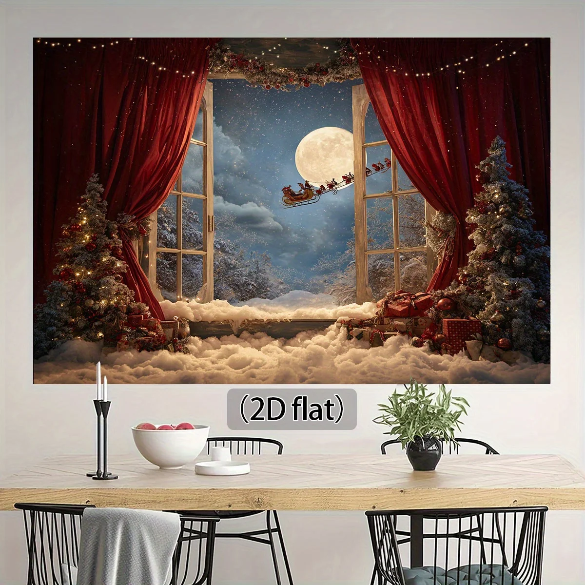Płaszczyzna 2D, 1 duże okno, śnieżna zimowa scena świąteczna z saniami Świętego Mikołaja, księżycem i migoczącymi światłami - drzwi