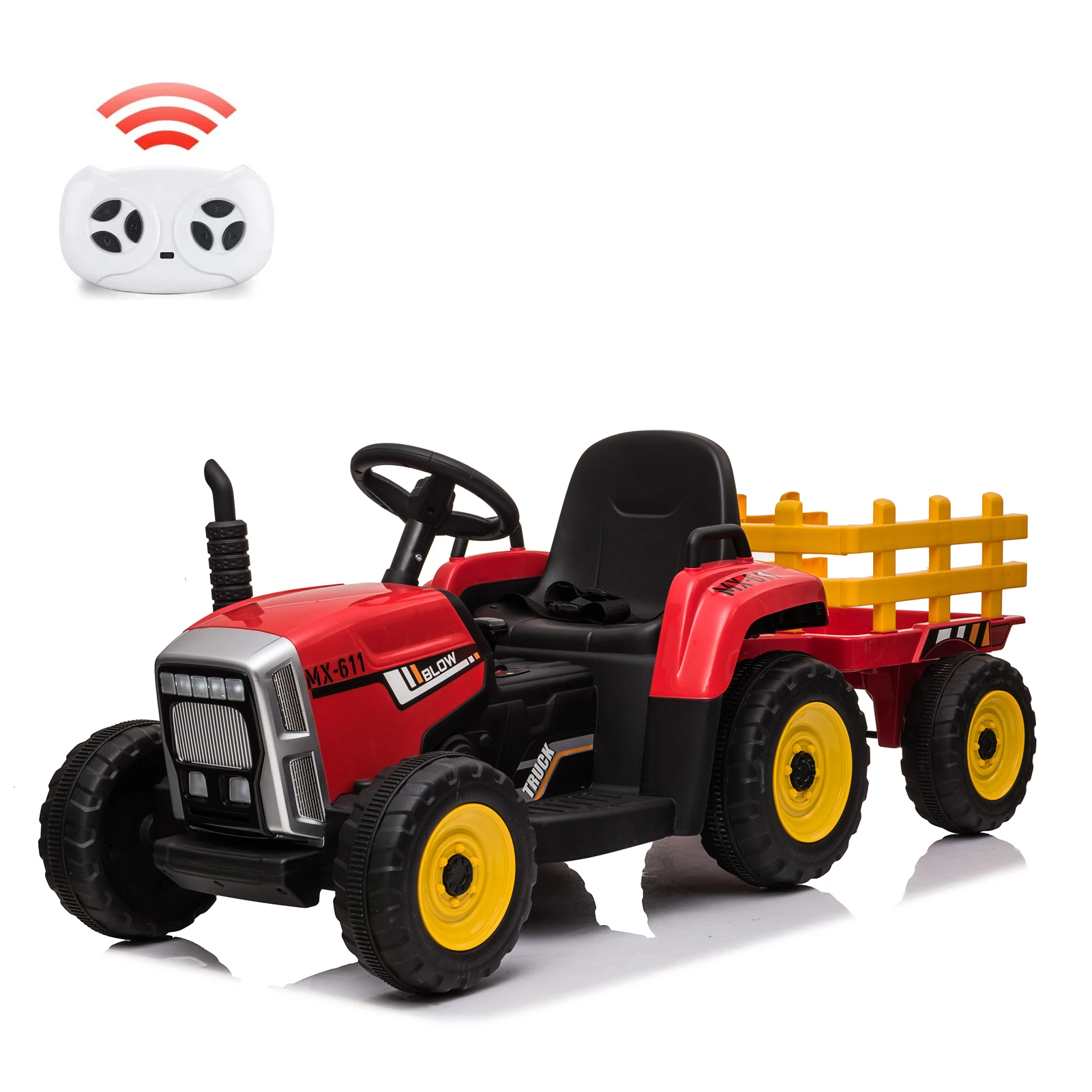 Elektrische tractor aangedreven door batterij 12V voor kinderen met aanhanger, auto voor alle kinderen met afstandsbediening, 7 LED-koplampen, MP3-speler