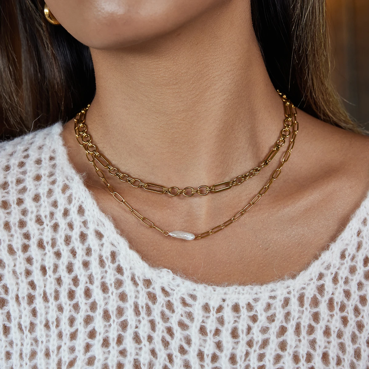 

AIKOER Classic Trendy 18K Gold Color Plated Freshwater Pearl Paperclip Chain Necklace Waterproof Stainless Steel Women Jewelry