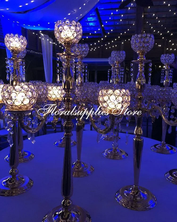 Imagem -03 - Altura Ouro Cor Prata Cristal Candelabros Castiçal Decorativo Peças Centrais do Casamento para a Decoração do Evento Atacado 5-arm 75 cm de