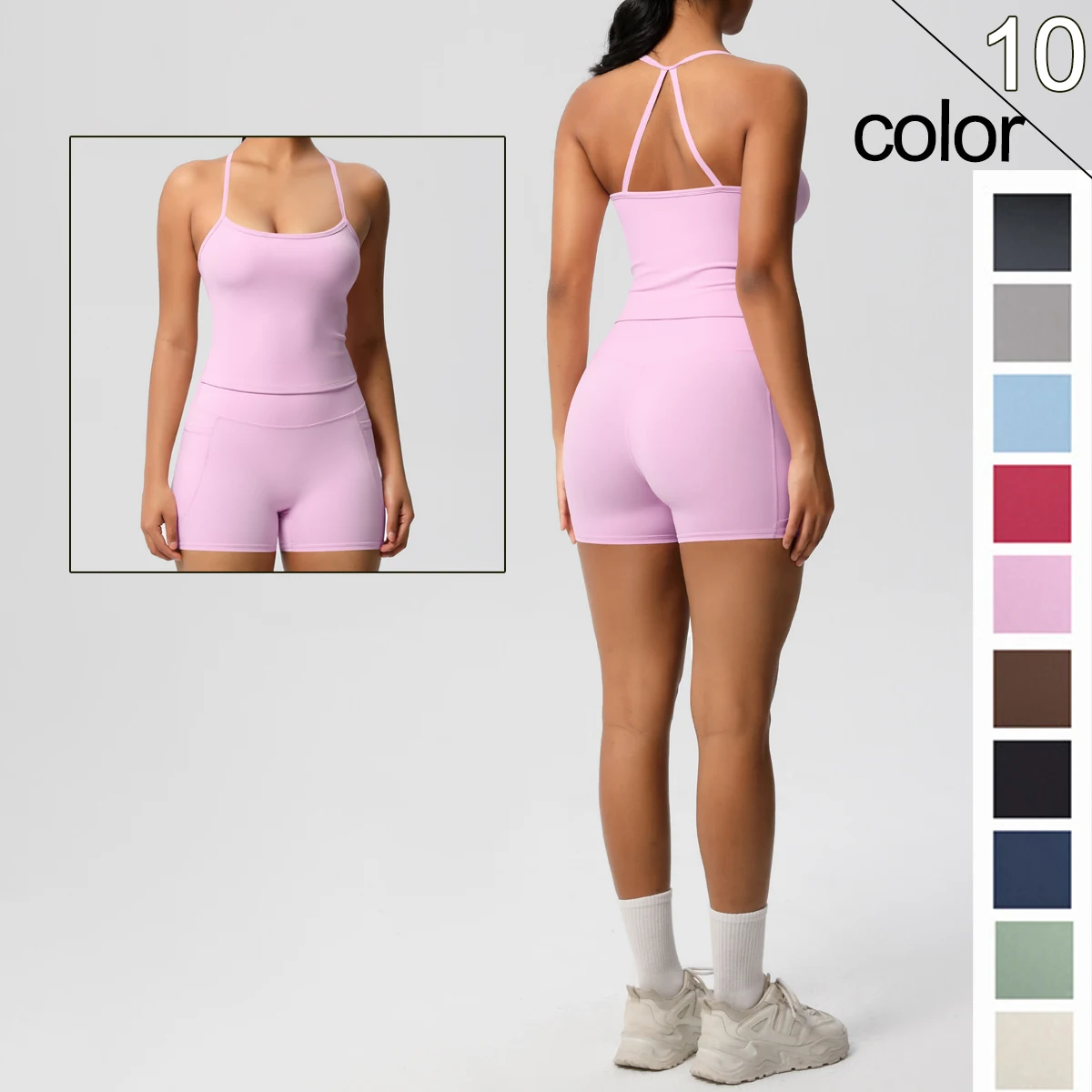 

Woman Solid Color Yoga Vest Shorts Set Sexy Backless Gym Workout Top Quick Drying Seamless Push Up Shorts With Pockets Yoga Set