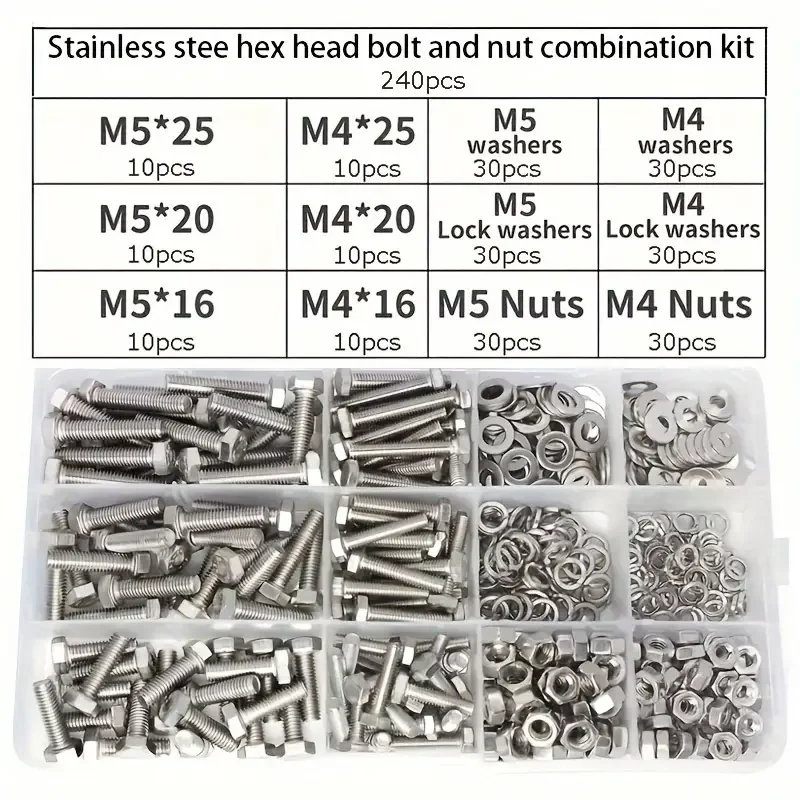 

240pcs Premium Stainless Steel Hex Bolt & Nut Set - Durable, Corrosion-Resistant with M4 & M5 Sizes, Full Thread & Washers, Fit
