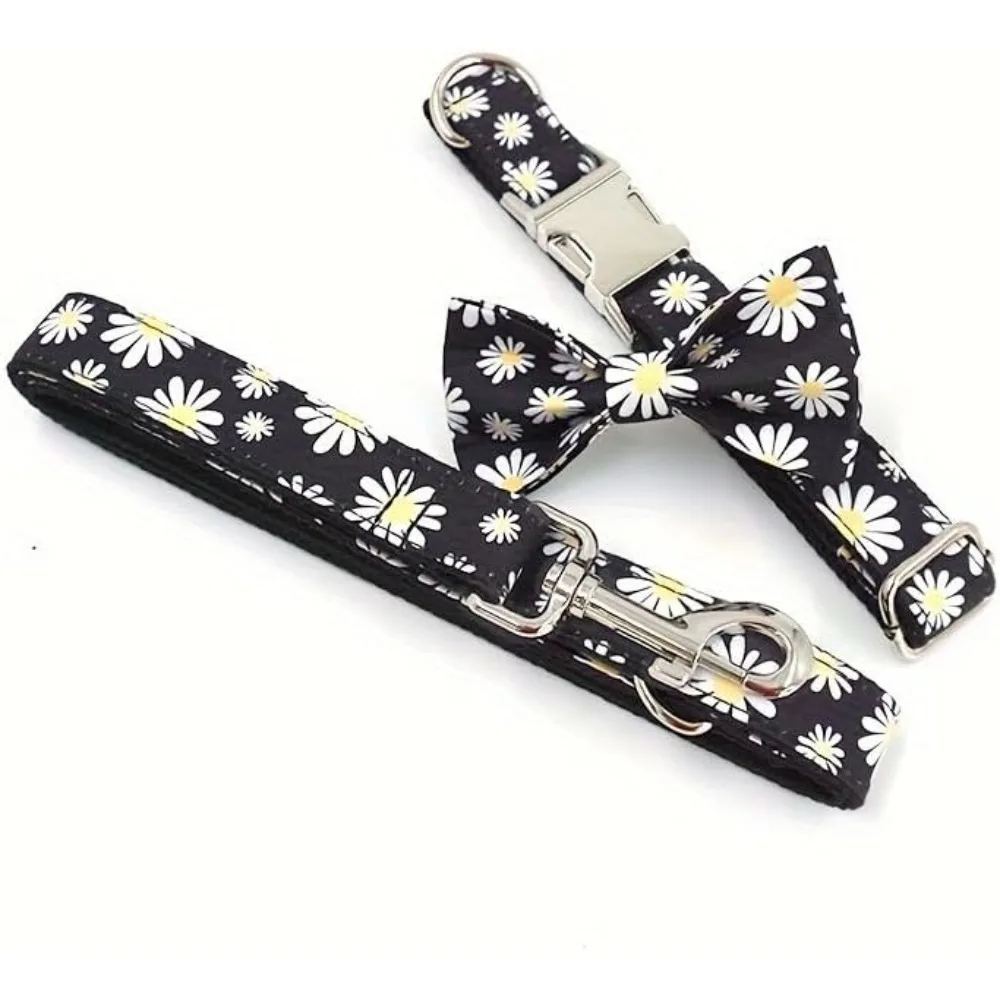 

Personalized Daisy Dog Collar with Leash Bow Tie Custom Name Phone Number for Puppies Customizable Pet Collar Gift for Dog Cat