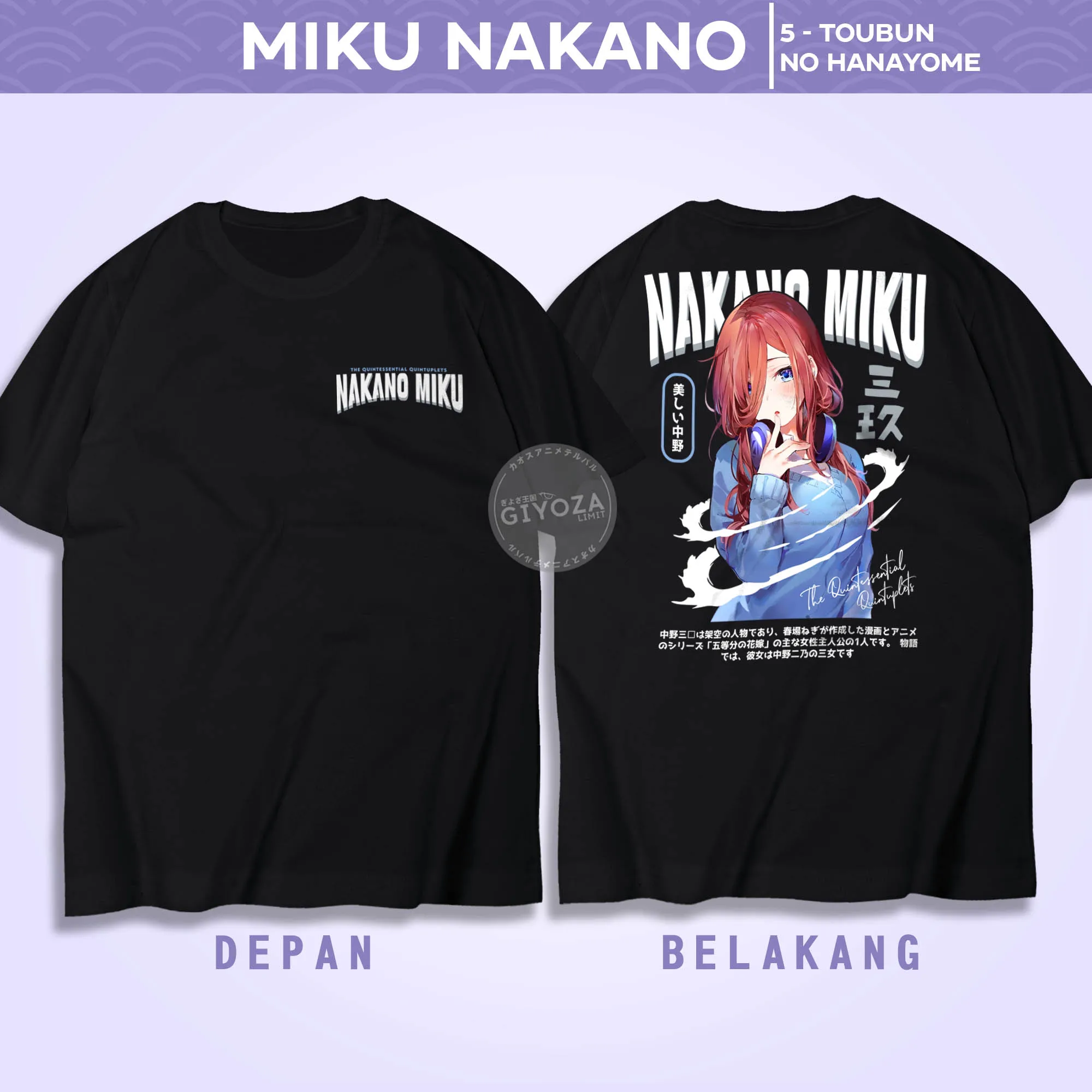 Camiseta de ANIME KAOS MIKU nakano-gotobun NO HANAYOME A1838, MANGA japonesa GIYOZA