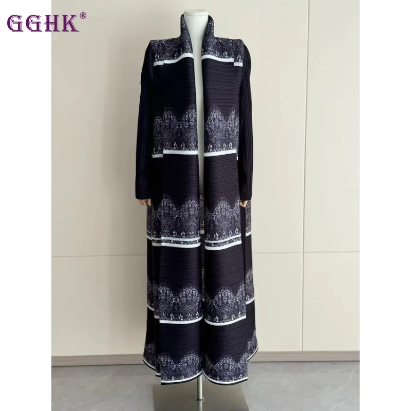 GGHK Pleated Women Elegant Abaya Fashion Casual Vintage Printed Cardigan Tie Design Loose Large Size Arabian Luxury Abaya