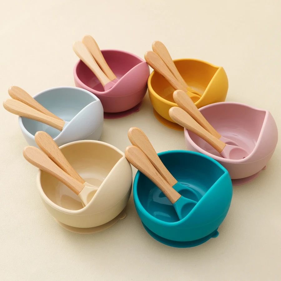 3PCS Silicone Dinner Set For Baby Solid Color Tableware Sets Suction Feeding Bowl Wooden Handle Spoon Fork Portable Baby Stuff