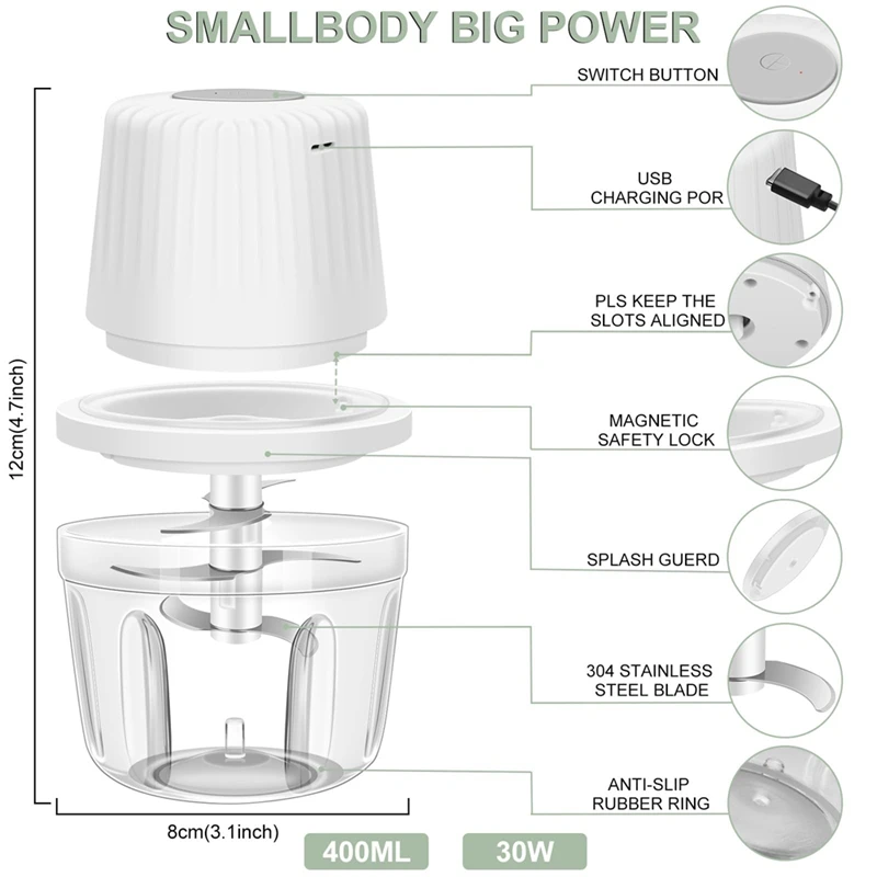 400ML Electric Garlic Chopper, 6 Blades Garlic Grinder Mini Vegetable Chopper, USB Portable Veggie Chopper,Garlic Mincer