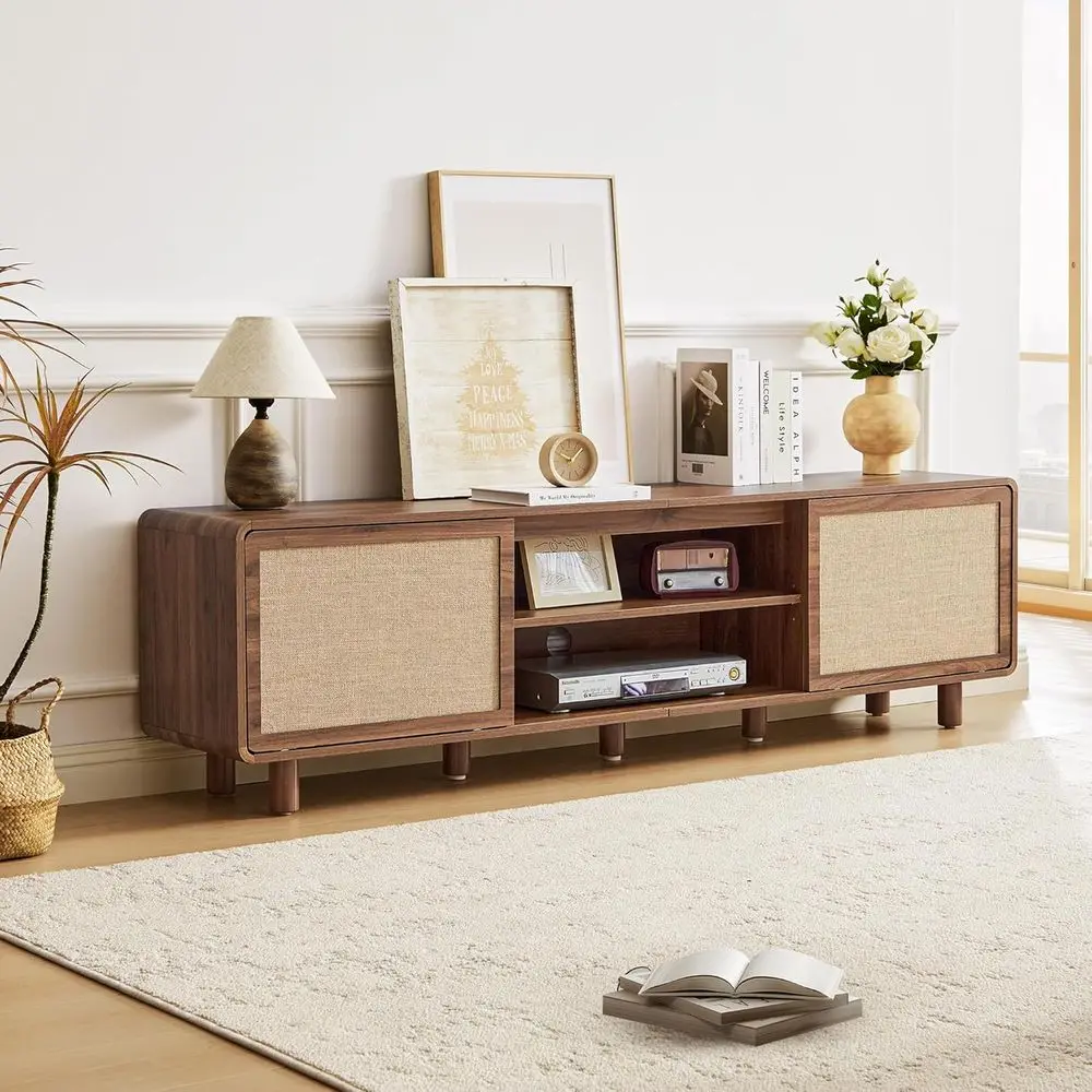 80 Inch TV Stand, Century Style Entertainment Center with Storage, Natural Linen Doors, Walnut Curved Edge Media Console for Liv