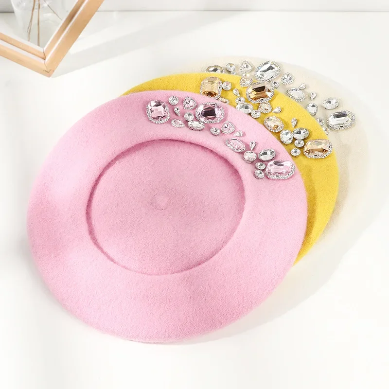 Stunning Rhinestone Wool Beret for Women - Bling French Style Winter Thermal Artist Hat