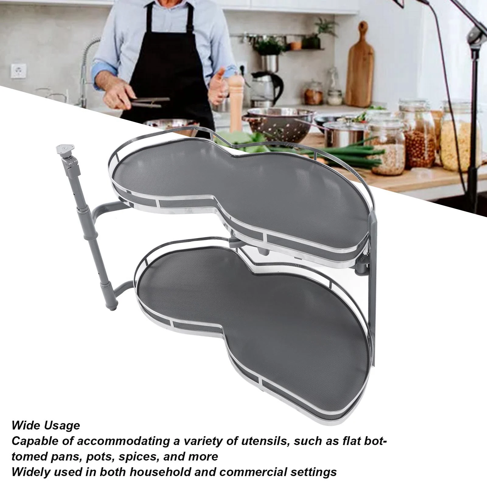 

Blind Corner Cabinet Shelf Strong Load Bearing Oil Resistant Height Adjustable Blind Corner Cabinet Tray 2 Tier for Kitchen