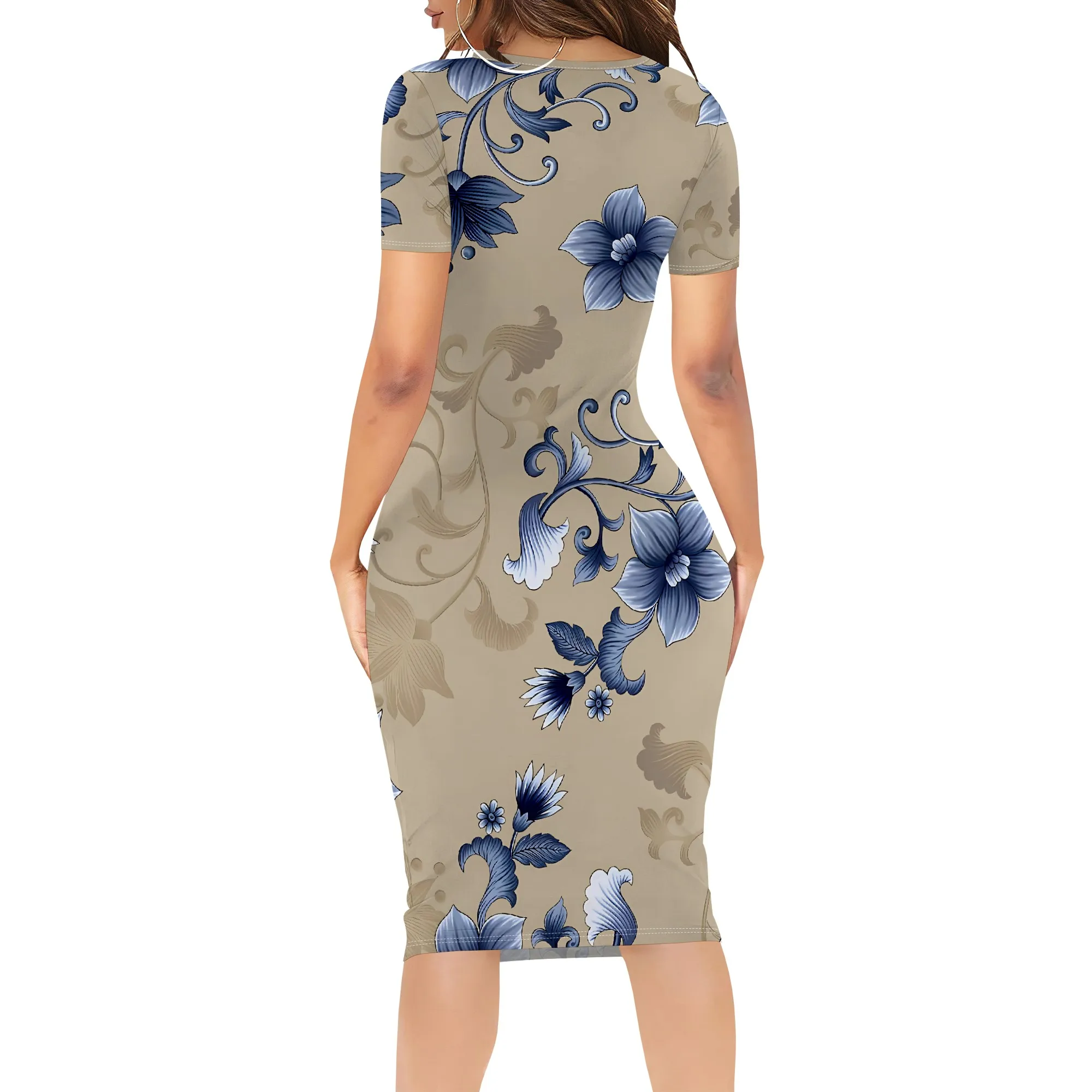 Nupusa Floral Print Dress for Women Standard Size Summer Elegant Square Neck Short Sleeve Bodycon Dress