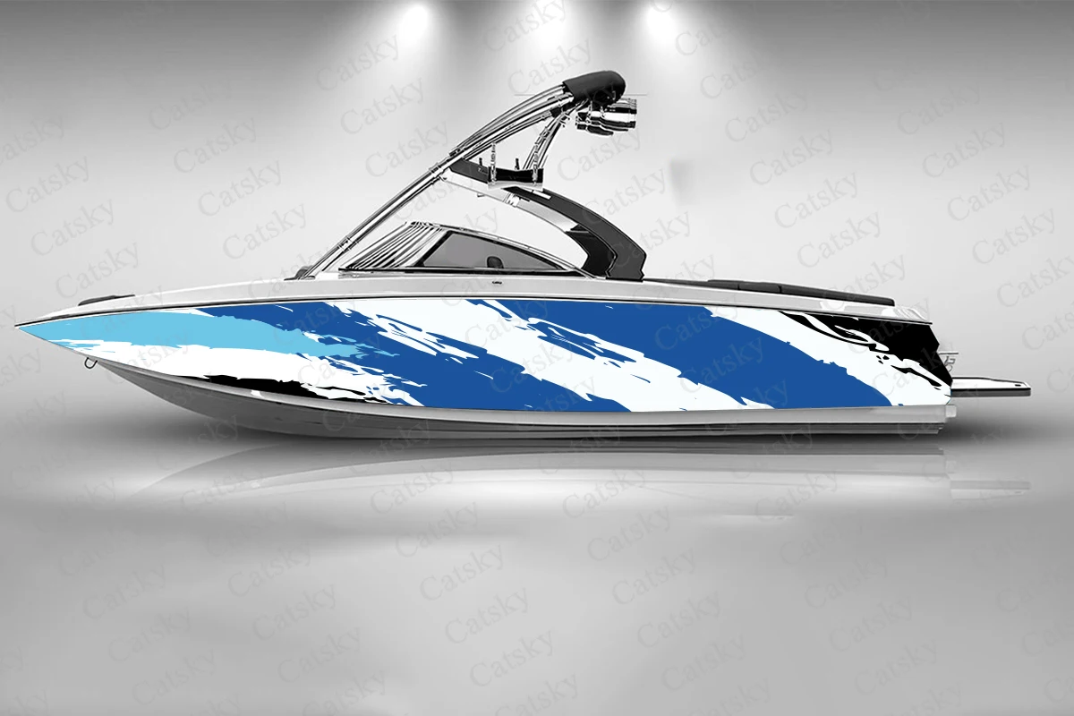 Blue Graffiti with White Lines Print Boat Fashion Sticker Packaging Waterproof Custom Ship Geometry Wrap Vinyl Decal Decoration