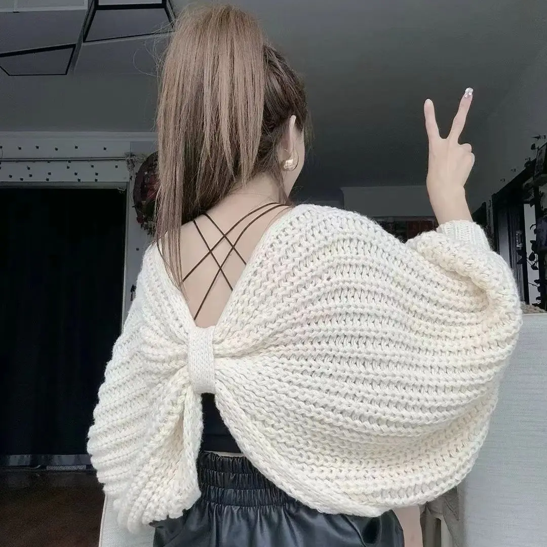 Backless Knitted Sweater for Women, Autumn and Winter Vintage Loose Lazy High-end Elegant Sweater
