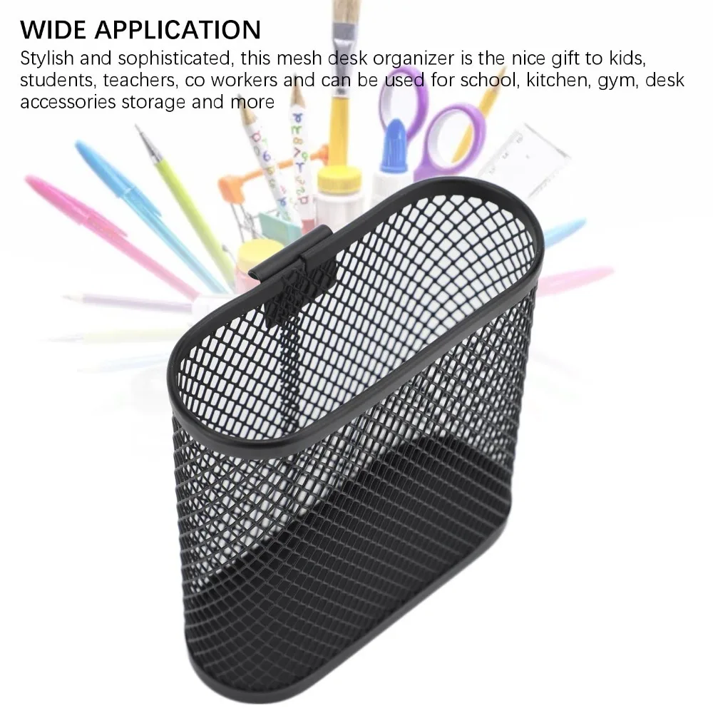 Metal Wall Mount Pen Holder Oval Shape Hook On Style Desk Side Pen Organizer Hollow Out Grid Structure Metal Hook Pen Holder