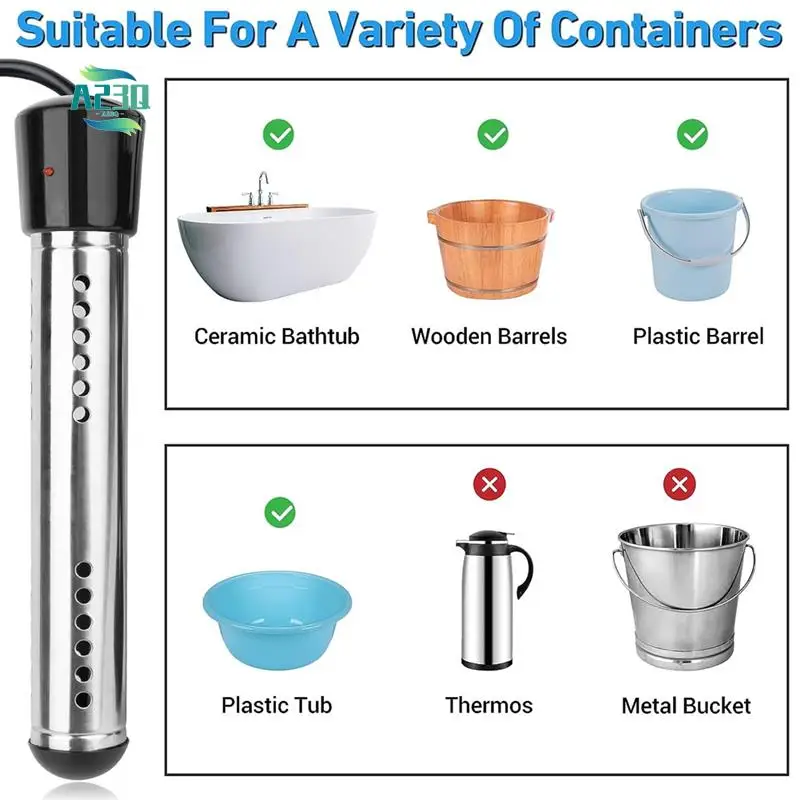 

A23Q-US Plug,Immersion Water Heater, 1500W Bucket Heater, Electric Submersible Water Heater With LCD Thermometer Black