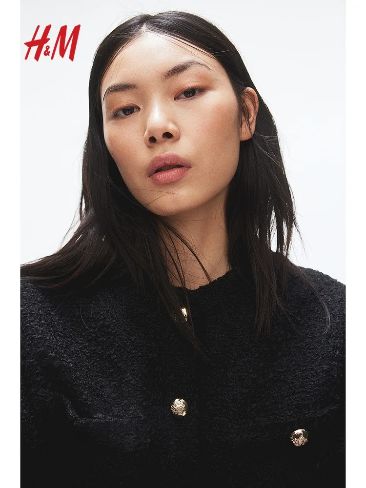 H&M Feminino Slim Fit Tecido Jaet redondo Ne Fce Forrado Botão de Metal Or Casacos 2524 Casaco de Outono Faionable