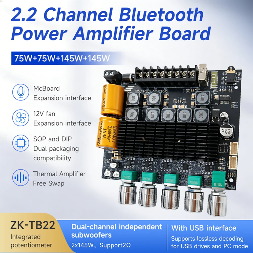 DC 12-24V ZK-TB22 Verbesserte Dual-Subwoofer Bluetooth-Verstärkerplatine 2.2-Kanal 75W+75W+145W+145W Stereo HiFi-Lautsprecher – Detail 1