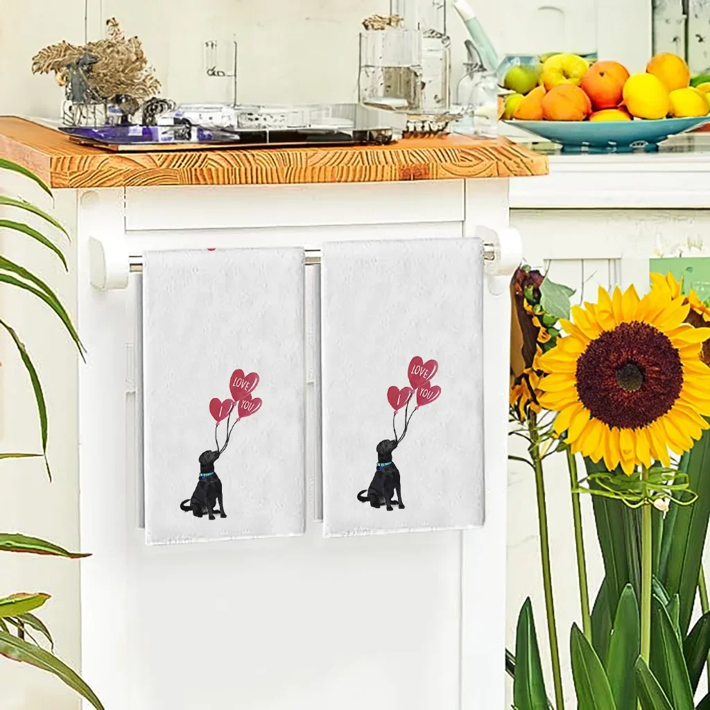 Heart Balloon Little Black Dog Kitchen Towels, 40*60cm Towel Set Super Absorbent Soft Cleaning Cloth, Cooking Baking Tea Towel