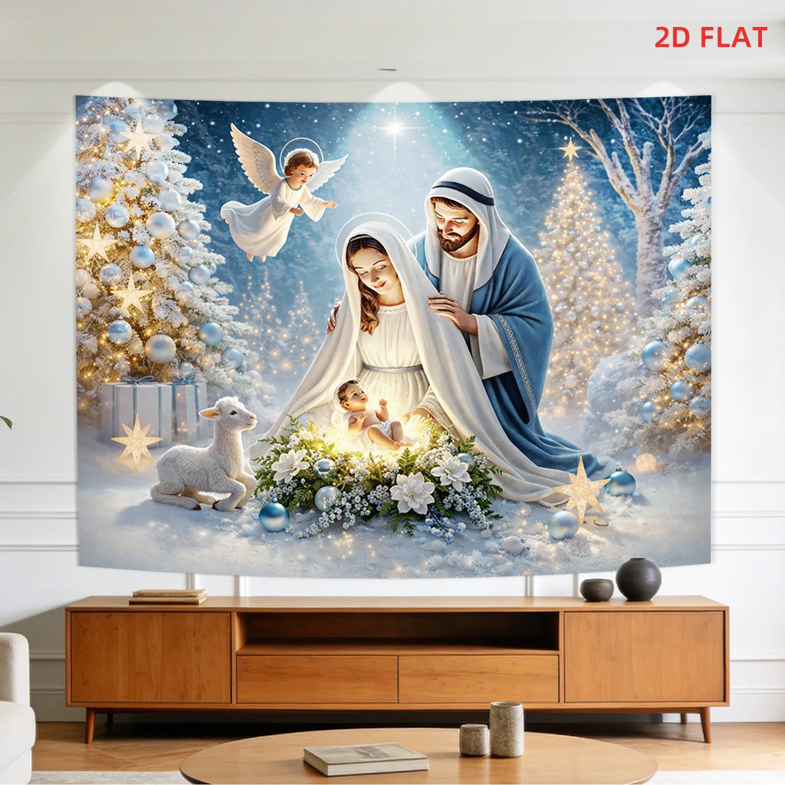 Holy Family Tapestry, Christmas Nativity Scene Wall Hanging, Baby Jesus Decor, Religious Xmas Backdrop, Winter Angel Poster