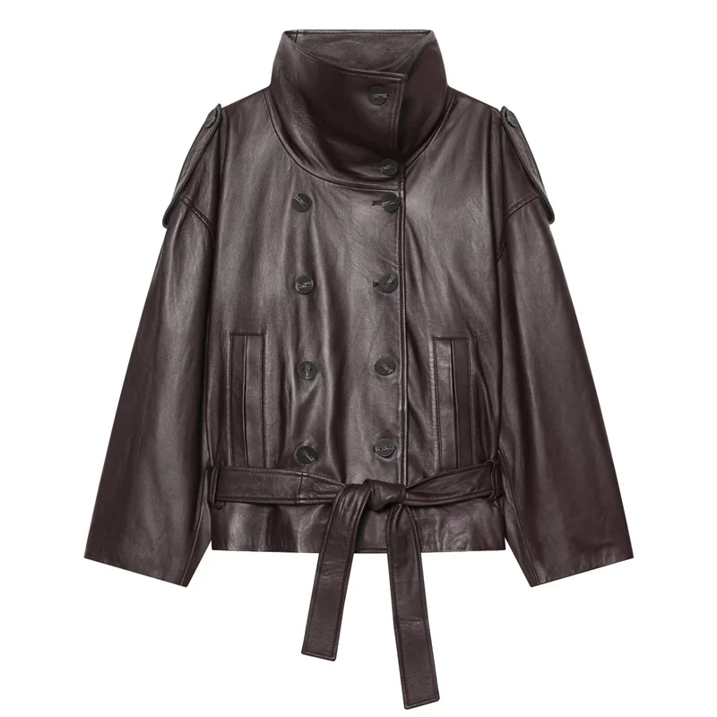 Guobioziy Women's Jacket 2026 Fall/Winter New Arrival Dark Brown Long-Sleeve Stand Collar Tie Faux Leather Loose Biker Parka