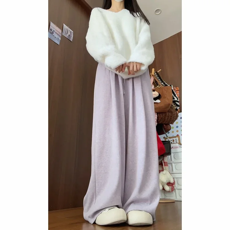 الأرجواني عالية الخصر محبوك لينة Dra مستقيم الساق السراويل النسائية الخريف الشتاء جديد كسول Sle الأرز المعكرونة السراويل بناطيل كاجوال