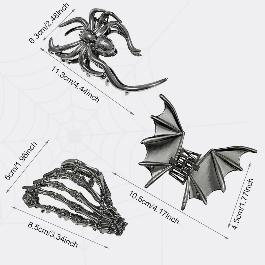 3 قطع كبيرة معدنية العنكبوت صافي الخفافيش اليد مشبك شعر مقاطع للنساء والفتيات سميكة طويلة الشعر نونسليب الهيكل العظمي مخيف باريت H #3