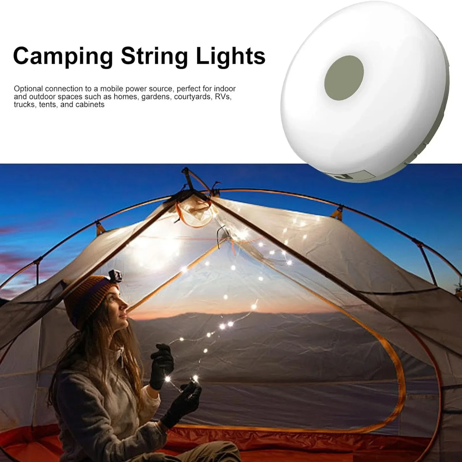 Camping String Lights 2 in1 Outdoor Waterproof Portable Stowable String Light with Lighting Modes USB Camping Lights for Hiking