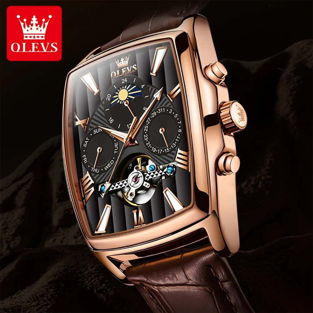 OLEVS New Automatic Mechanical Watch for Men Waterproof Luminous Skeleton Square Dial Moonswatch Chronograph Sports Men\'s Watch