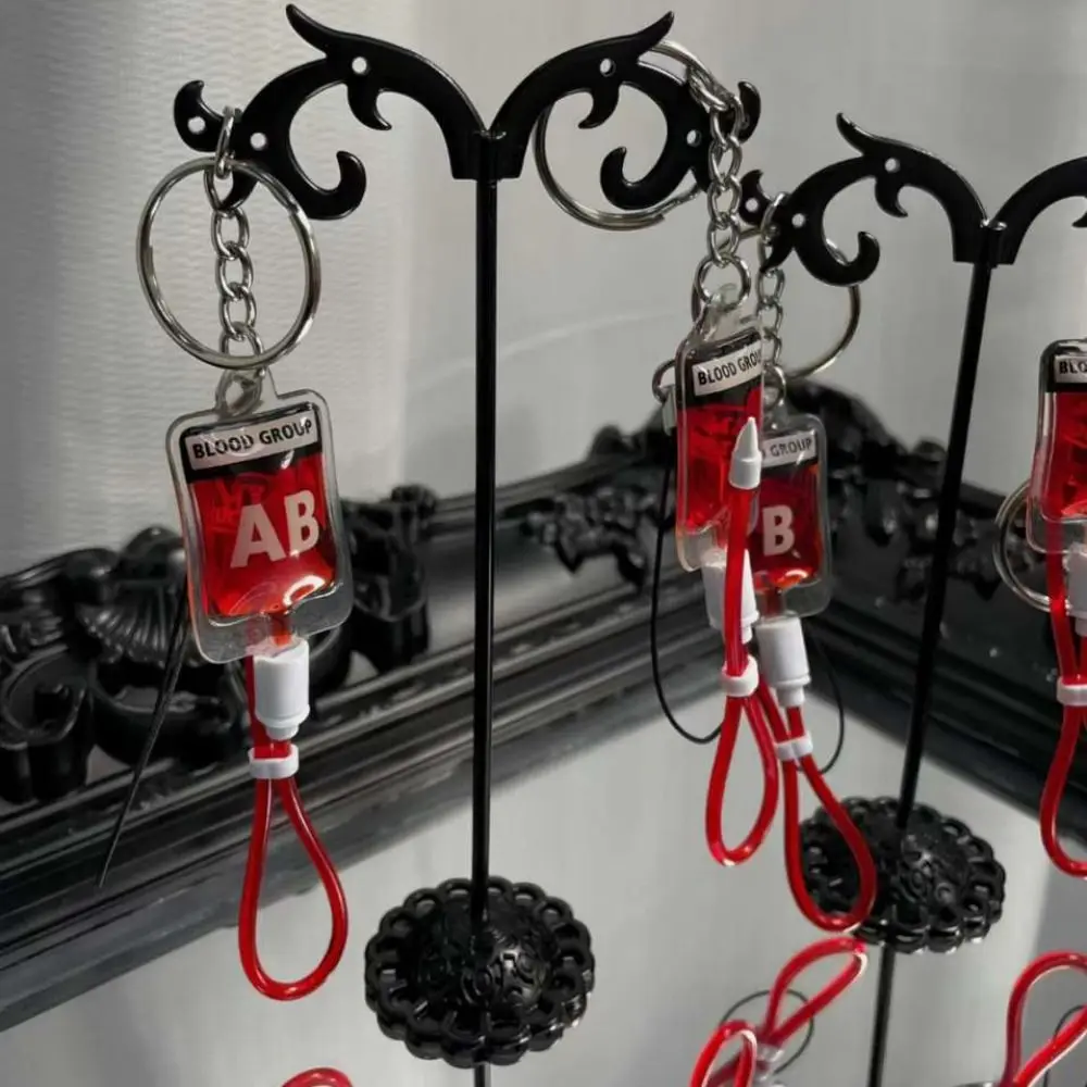 Type A B O AB Plasma Blood Bag Keychain Bag Charm PVC Mobile Phone Straps Fashion Unique Halloween Blood Pendant DIY Accessory