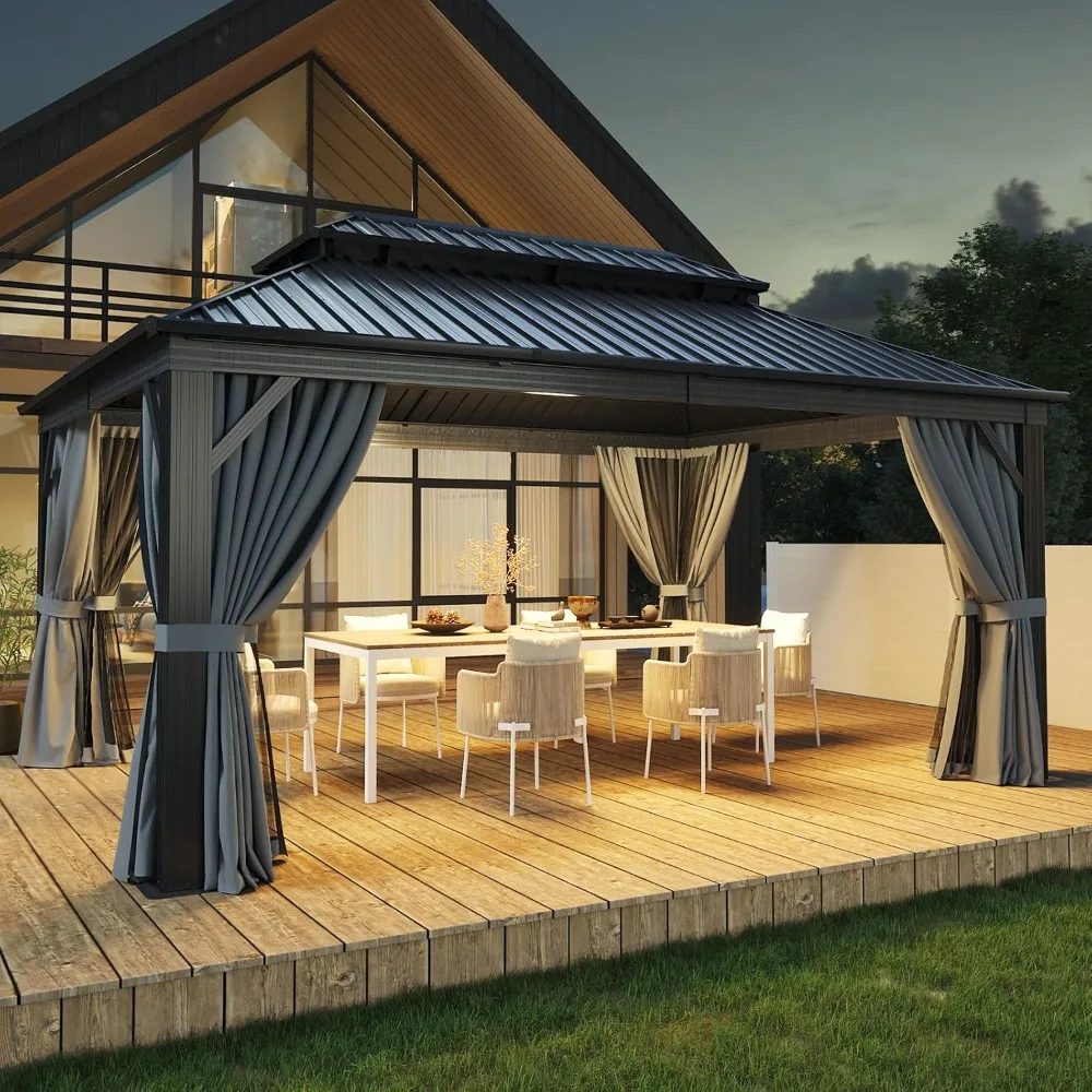 

12FT X 16FT Hardtop Gazebo,Outdoor Pergolas with Mosquito Netting ,Galvanized Steel Double Roof Permanent Aluminum Gazebo