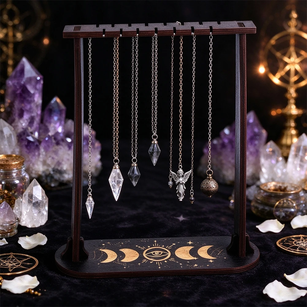 Triple Moon Evil Eye Wooden Jewelry Display Stand Pendulum Holder Necklace Earring Rack Boho Witchy Desktop Organizer
