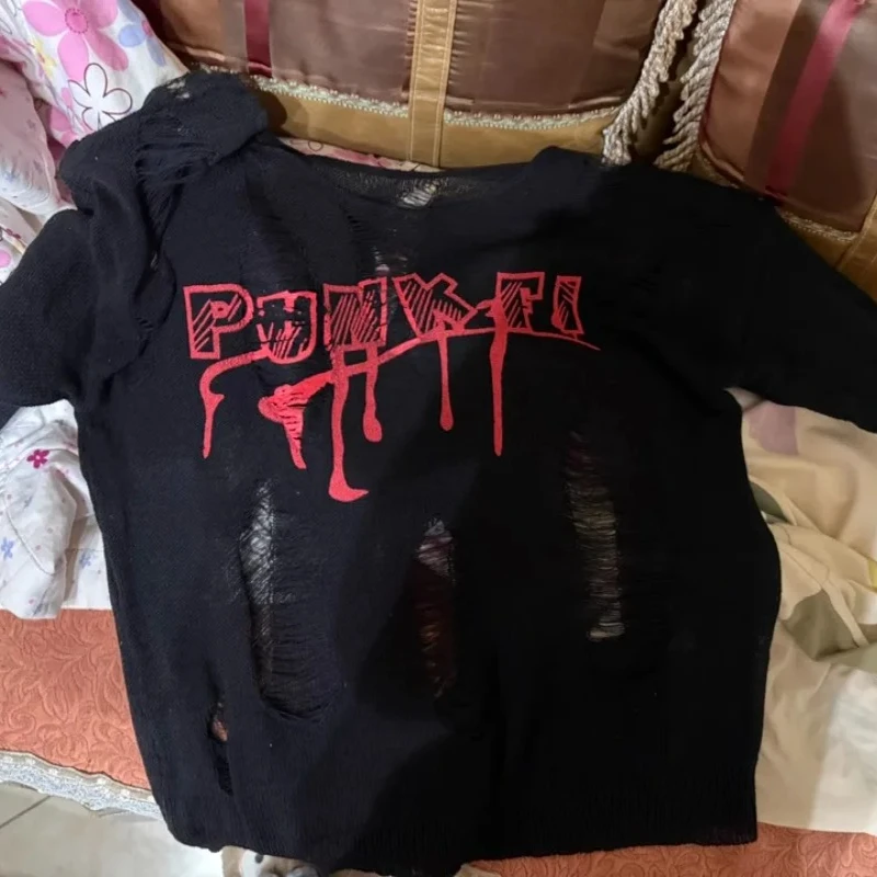 2025 New Japanese Summer Subculture Punk Dark Goth Y2k Hot Hollow Hole Loose Lazy Blouse Top For Women