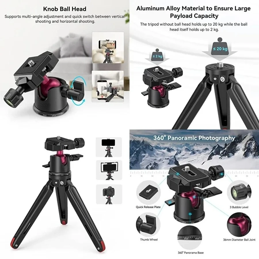 

Mini Tripod for Camera, Updated Desktop Tabletop Tripod with Arca-Type Compatible QR Plate, 360° Ball Head and 1/4 Screws Portable for Compact Cameras DSLRs, Phone, Gopro