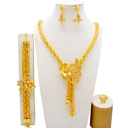 GDJWRI Indian Dubai Gold Color Jewelry Set For Women Bridal Long Necklace Set Nigerian Choker Necklace Bracelet Earring Ring Set