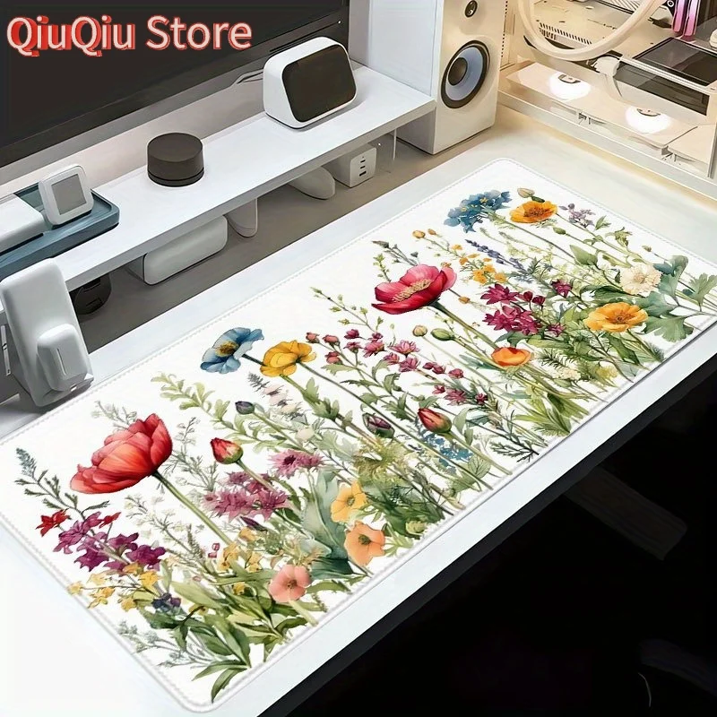 

Extra Large 88.9x40.64 cm Gaming Desk Pad & Mouse Pad - Floral Watercolor Tulip, Non-Slip Rubber Base, Stitched Edges, Extra Wid
